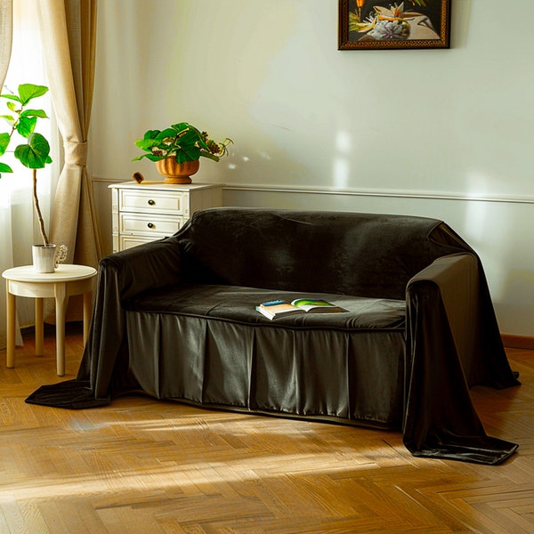 Black Brown Velvet Sofa Cover Minimalist Style Anti-Scratch Luxury Elegant Modern Soft Furniture Protector Chic Design