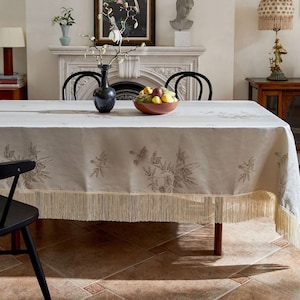 Elegant Floral Pattern Tablecloth with Fringe, Minimalist Dining Room Decor, Retro Style Tablecloth, Custom Tablecloth for Housewarming Gift