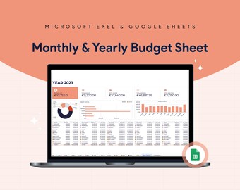 May include: A laptop screen displaying a spreadsheet with a monthly and yearly budget sheet for the year 2023. The spreadsheet includes charts and graphs showing income and expenses. The spreadsheet is titled "Monthly & Yearly Budget Sheet".
