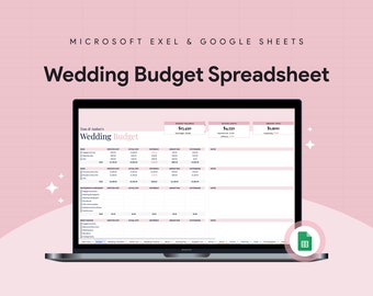 May include: A laptop computer displaying a wedding budget spreadsheet in Microsoft Excel or Google Sheets. The spreadsheet includes columns for budget items, estimated cost, actual cost, and remaining balance. The spreadsheet also includes a section for tracking wedding expenses by date. The spreadsheet is titled "Wedding Budget".