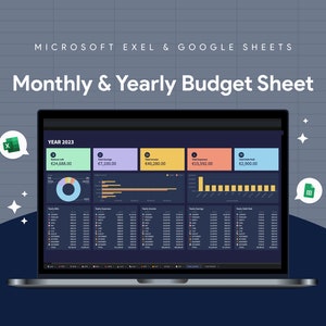 May include: A laptop screen displaying a budget spreadsheet with charts and graphs. The spreadsheet is titled "YEAR 2023" and includes categories for income, expenses, and savings. The spreadsheet is designed for use with Microsoft Excel or Google Sheets.