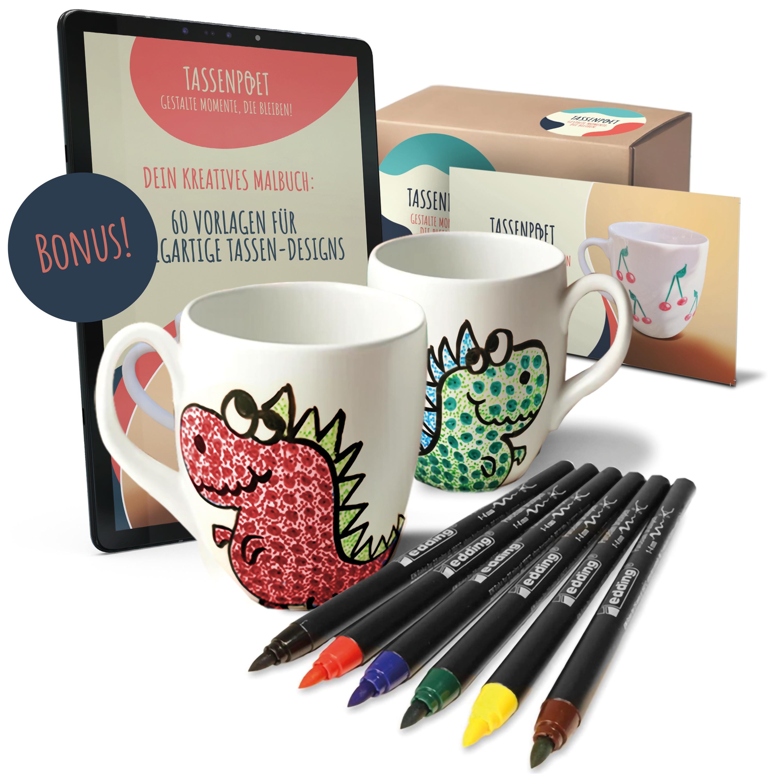 TassenPoet cup painting set with 2 ceramic cups (400 ml) & 6 edding porcelain paint pens including instructions – DIY cup painting