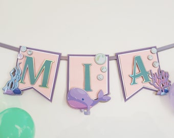 Banner personalizado de sirena para cumpleañera, pancarta bajo el mar, decoración para fiesta, pancarta de sirena, decoración personalizada para cumpleaños con temática de sirena
