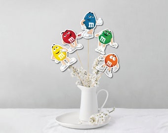 M&M's Centerpiece Sticks for Birthday decor, M and Ms characters cutouts for centerpieces, m and m Themed party decorations