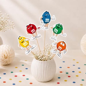 M&M's Centerpiece Sticks for Birthday decor, M and Ms characters cutouts for centerpieces, m and m Themed party decorations