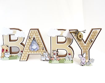 Placa de BEBÊ, decoração clássica com letras 3D do Ursinho Pooh e seus amigos para chá de bebê ou centro de mesa de revelação do sexo do bebê, decoração de berçário do Ursinho Pooh