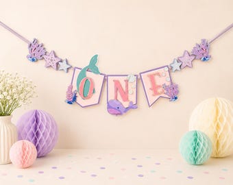 Banner de sereia para decoração de aniversário de um ano, tema fundo do mar, decoração para cadeirão de bebê com tema de sereia, banner para aniversariante de um ano, cauda de sereia.