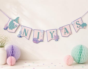Pancarta personalizada de sirena para la cumpleañera. Pancarta bajo el mar. Decoración para fiesta. Pancarta de sirena personalizada con temática de sirena. Decoración de cumpleaños.