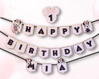 Rosa Minnie Mouse födelsedagsbanderoll Anpassad namnfestgirlande för flicka födelsedagsdekoration Minnie-inspirerad festbanderoll bakgrund Minnie-tema