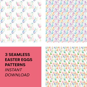 Op de afbeelding: Drie naadloze digitale patronen met aquarel-paaseieren in verschillende pastelkleuren met groene bladeren op een witte achtergrond. De tekst "3 Seamless Easter Eggs Patterns Instant Download" wordt weergegeven op een roze achtergrond.