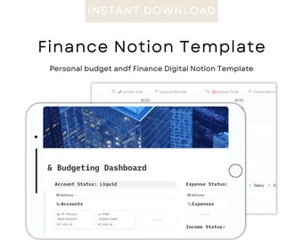 May include: A screenshot of a Notion template for personal finance and budgeting. The template includes sections for income, expenses, and accounts. The template is designed to help users track their finances and make informed financial decisions.