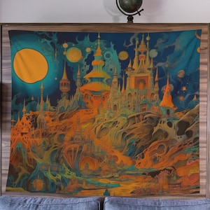 Medieval Orange Tapestry, Psychedelic Trippy Room Decor