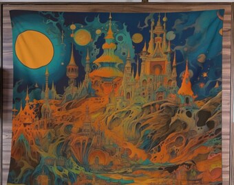 Medieval Orange Tapestry, Psychedelic Trippy Room Decor