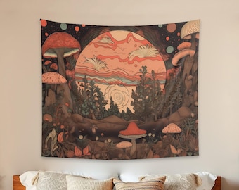 Arazzo retrò con funghi / Arazzo da parete con sole corallo e pineta con funghi rossi / Decorazione boho dai toni della terra