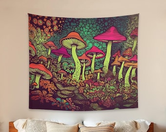 May include: A rectangular wall tapestry featuring a dense, colorful illustration of various mushrooms in shades of bright pink, orange, and lime green against a dark purple background with intricate, swirling patterns and textures.