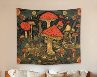 Arazzo con funghi rossi, arazzo vintage con foresta di funghi maculati, decorazione per camera da letto in stile cottagecore