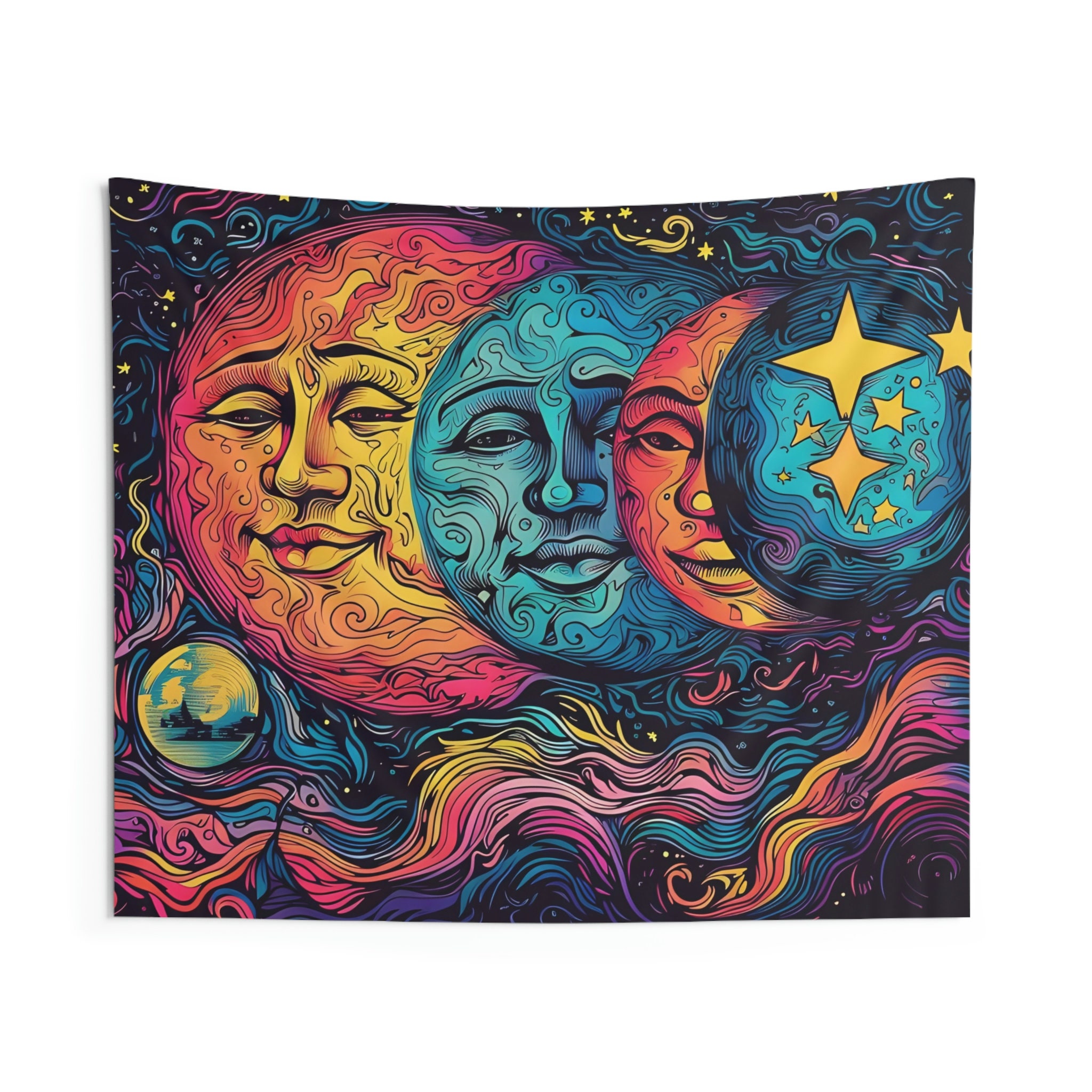 Sun Moon Face Aesthetic Tapestry Celestial Mystical Wall Decor Colorful
