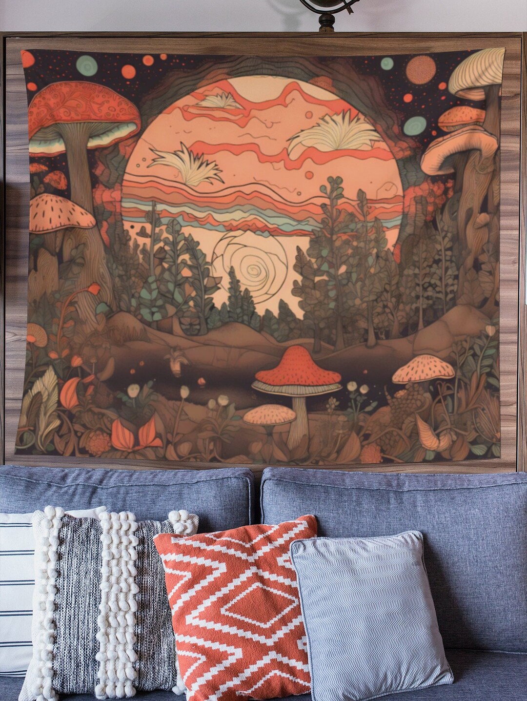 Lot De 2 Tapisseries Murales Bohème Avec Pompons | Motif Lune Et Champignons | 130x33 Cm | Décoration Murale Chambre, Salon