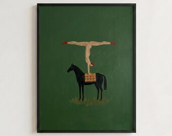 Estampado abstracto de caballo y figura, arte mural surrealista en verde oliva, decoración ecuestre minimalista vintage.