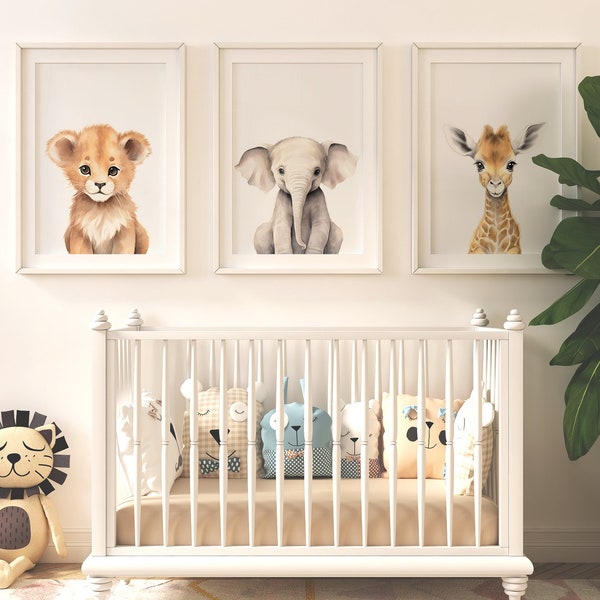 Safari Nursery Prints Baby Room Decor - Gender Neutral Nursery Prints Newborn Gift, Nursery Art Elephant Lion Giraffe Safari Decor