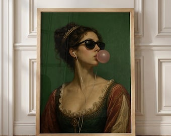 Funny Classical Bubble Gum Print, Renaissance Woman with Sunglasses, Vintage Meme Wall Art