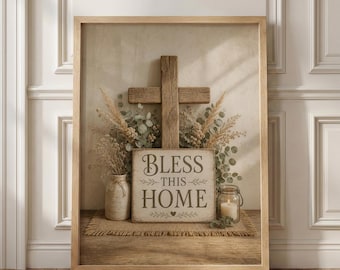 Bless This Home Wall Art Print, Christian Farmhouse Decor, Rustic Cross Poster, Faith Based Housewarming Gift