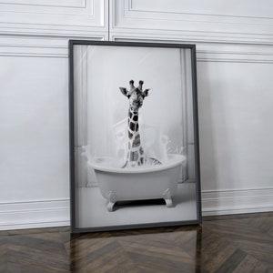 Cute Giraffe in Tub Funny Bathroom Art Print, Animal In Bathtub black and white Bathroom Wall Art, Giraffe In Bathtub Funny Bathroom Gift