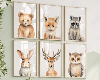 Láminas de acuarela de animales del bosque, arte para la pared de la habitación infantil, decoración de animales del bosque
