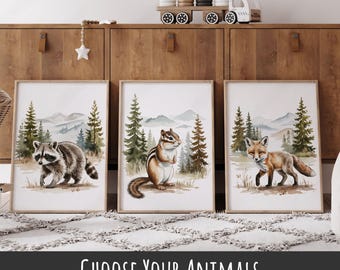 Set of 3 Woodland Animal Prints for Nursery | Watercolor Woodland Creatures Baby Room Decor | Boho Forest Nursery Wall Art