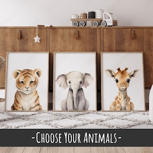 Juego de 3 impresiones de safari para guardería: impresiones de animales de la jungla para bebés, decoración de guardería de safari, arte de guardería de elefantes, decoración de guardería de jirafas en la jungla