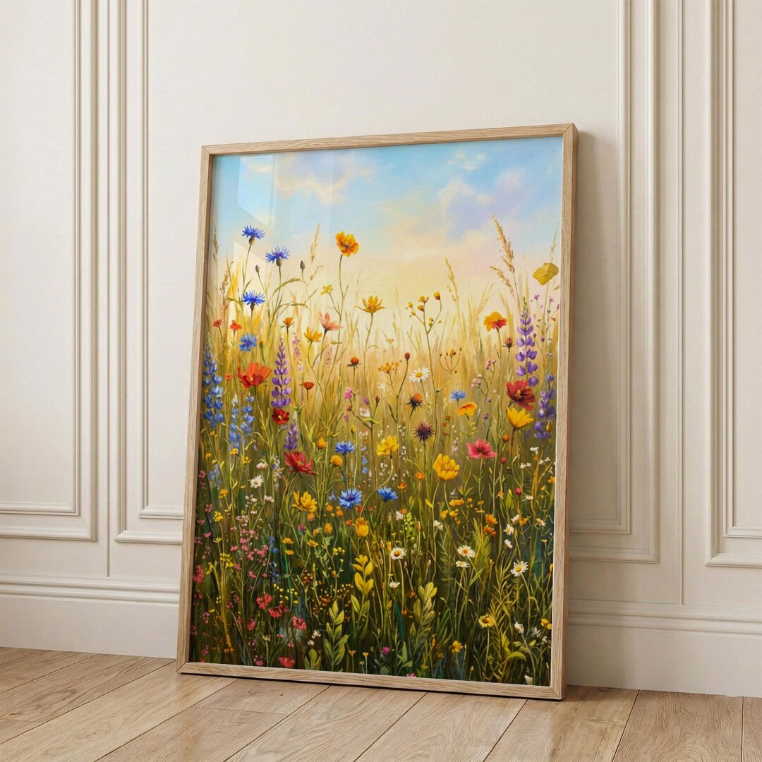 Sunny Wildflower Meadow Wall Art Print, Colorful Floral Landscape Boho ...