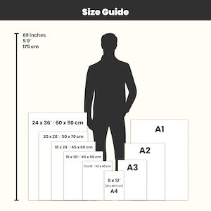 May include: Size guide graphic with a silhouette of a person next to a size chart. The chart includes measurements in inches and centimeters, with sizes ranging from 8 x 12 inches to 24 x 36 inches.