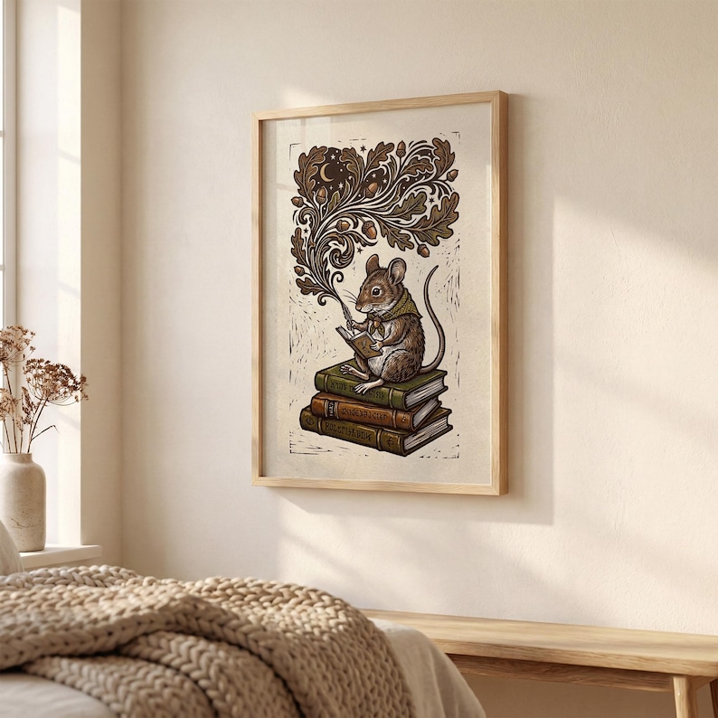 Lámina decorativa de pared con un ratón leyendo, ideal para amantes de los libros. Póster de biblioteca con un toque rústico y encantador. imagen 17