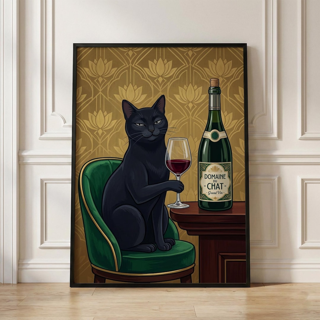 Black Cat With Wine Art Print, Retro Bar Cart Decor, Whimsical Dining ...
