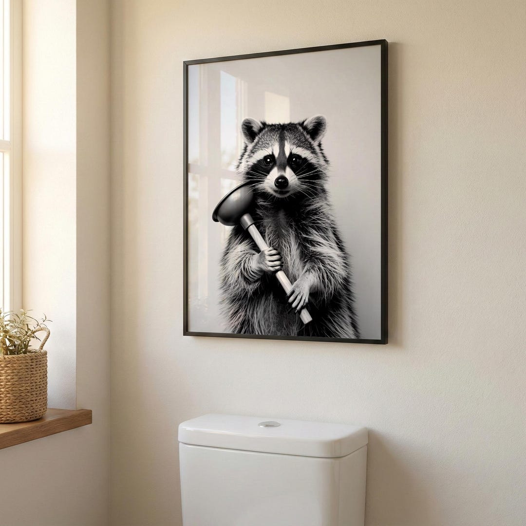 Black & White Raccoon Wall Art - Funny Bathroom Decor for Toilet or ...
