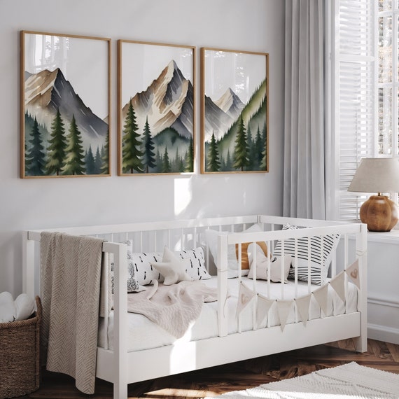 Mountain Nursery Wall Art Baby Nursery Decor - Set of 3 Watercolor Mountain Nursery Prints Forest Nursery Decor, Adventure Theme Nursery Art