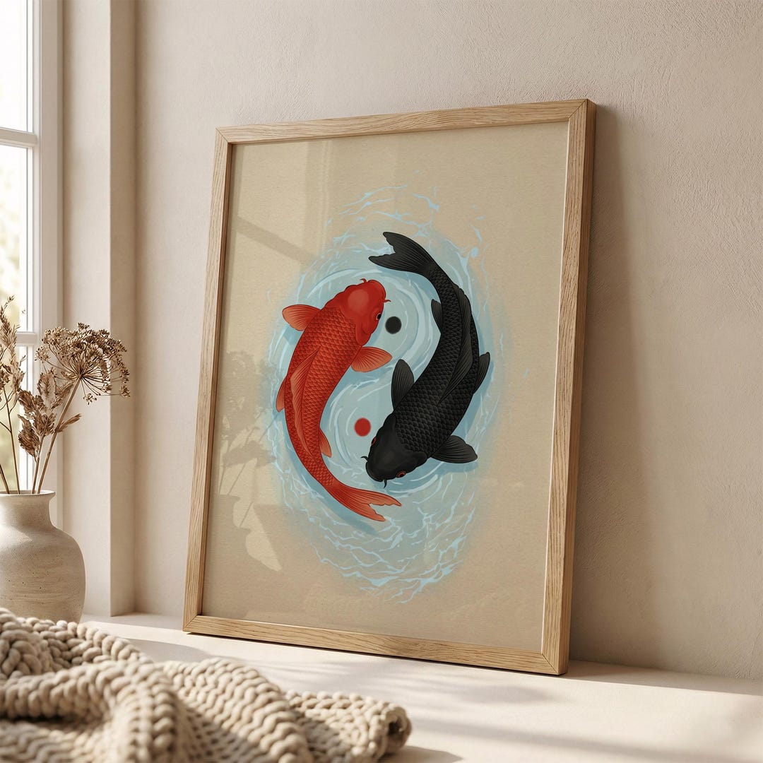 Koi Fish Yin Yang Print, Japanese Zen Wall Art, Minimalist Pond Poster ...