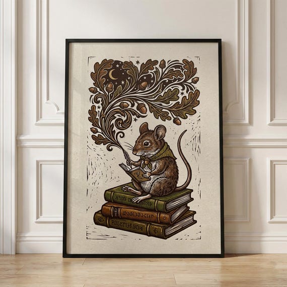 Reading Mouse Wall Art Print, Book Lover Decor, Whimsical Cottagecore Library Poster