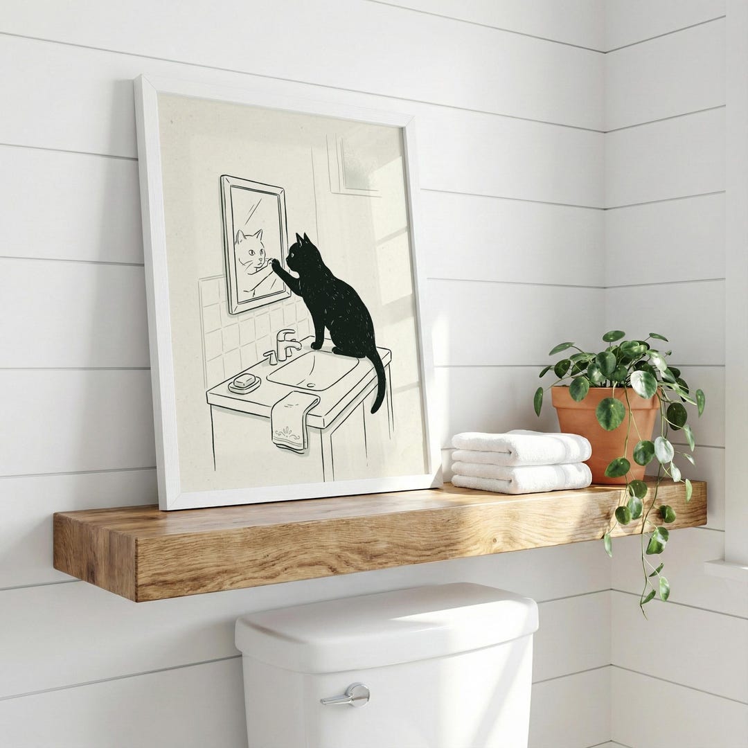 Black Cat Bathroom Wall Art Print, Funny Animal Illustration, Minimal ...