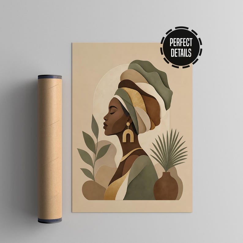 May include: An art print featuring a profile of a woman wearing a head wrap in shades of green, brown, and gold. The artwork includes botanical elements and a neutral background. A rolled poster is visible on the left.