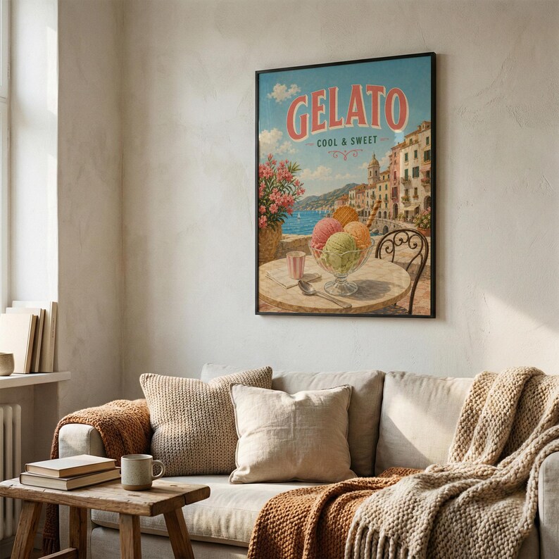 May include: A framed vintage-style poster with the word "Gelato" in pink lettering. The poster depicts a seaside scene with colorful gelato in a glass bowl on a table. A pink drink and spoon are also on the table. The poster is hanging above a sofa.