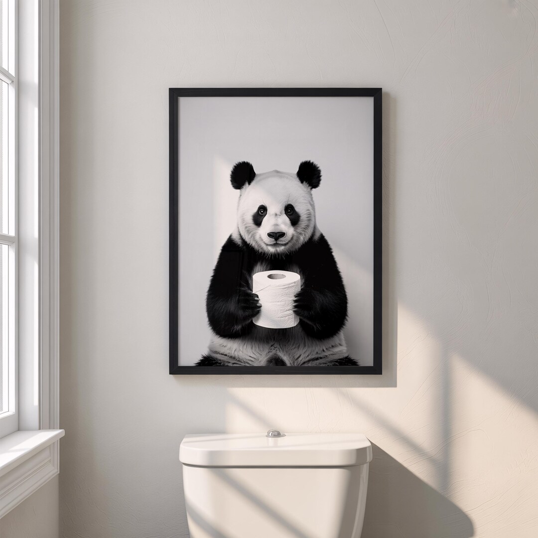 Funny Panda Bathroom Wall Art Holding Toilet Paper – Black and White ...