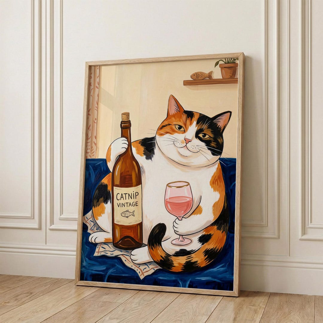 Calico Cat With Wine Art Print, Funny Cat Retro Bar Cart Decor, Dining ...
