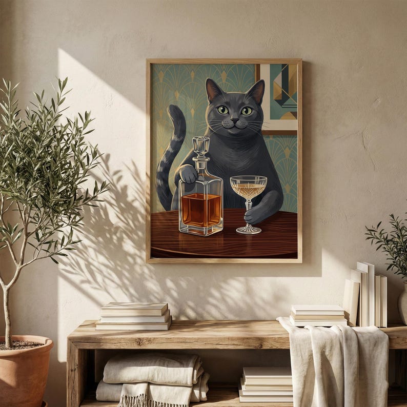 Gray Cat With Cocktail Print, Funny Cat Poster Retro Bar Cart Wall Art ...