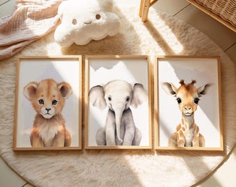 Safari Nursery Wall Art Prints Baby Room Decor - Gender Neutral Nursery Prints Newborn Gift, Nursery Art Elephant Lion Giraffe Safari Decor