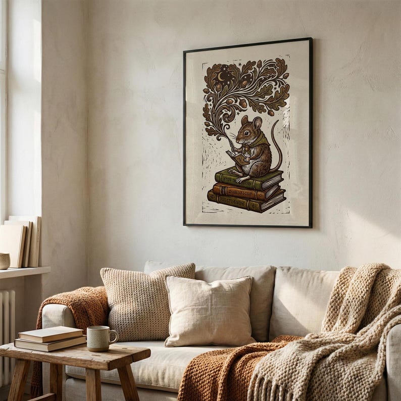 Lámina decorativa de pared con un ratón leyendo, ideal para amantes de los libros. Póster de biblioteca con un toque rústico y encantador. imagen 15