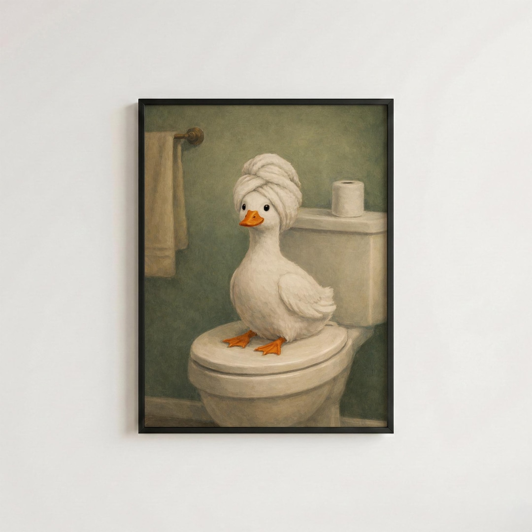Duck Bathroom Wall Art Print, Funny Duck on Toilet Poster, Quirky ...
