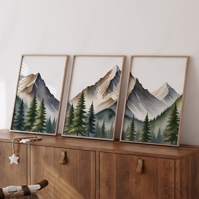 Mountain Nursery Wall Art Baby Nursery Decor - Set of 3 Watercolor Mountain Nursery Prints Forest Nursery Decor, Adventure Theme Nursery Art