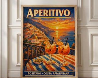Positano Aperitivo Wall Art Print, Vintage Amalfi Coast Cocktail Poster, Italian Bar Cart Decor