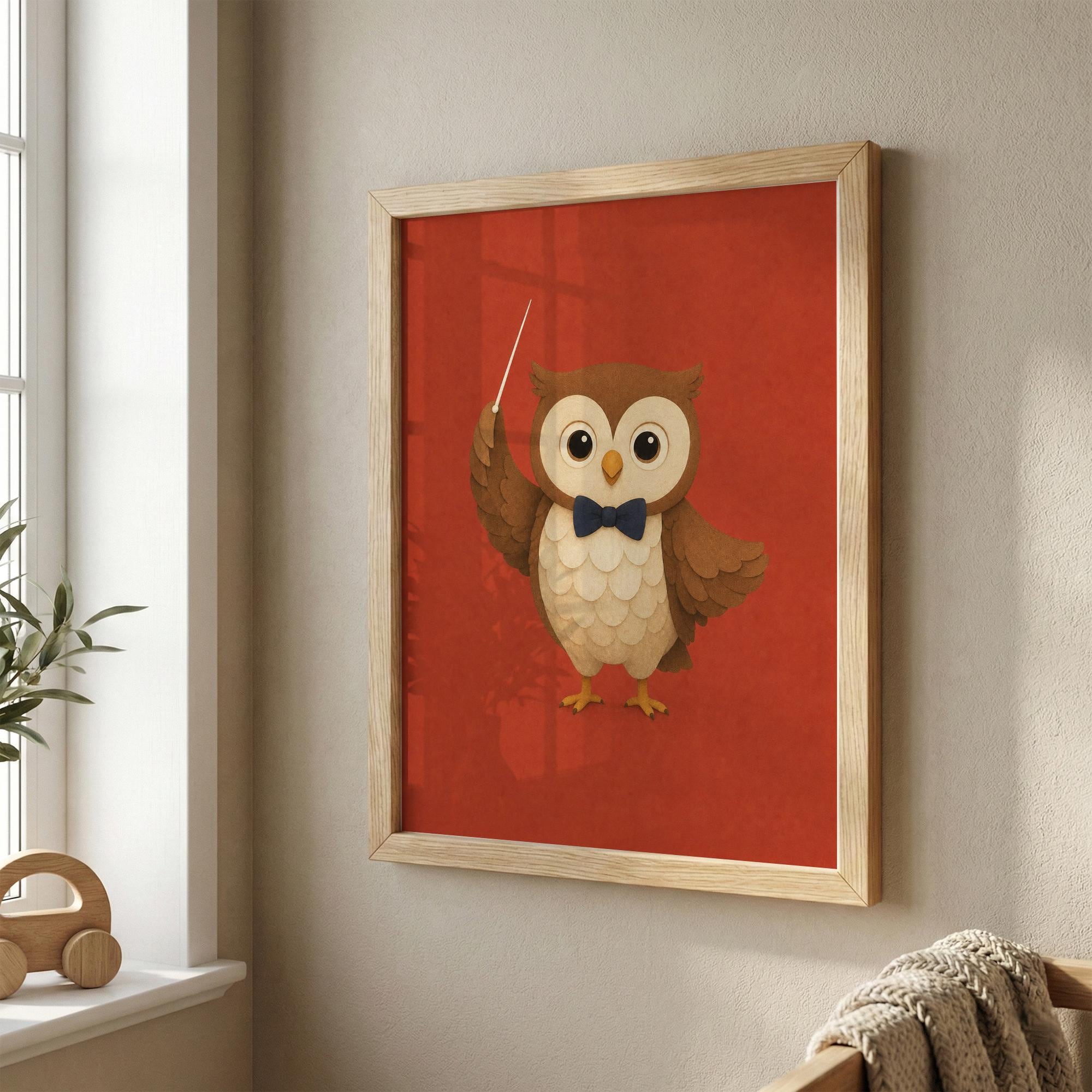 Owl Conductor Nursery Print, Red Woodland Art, Playroom Wall Art for Kids Room